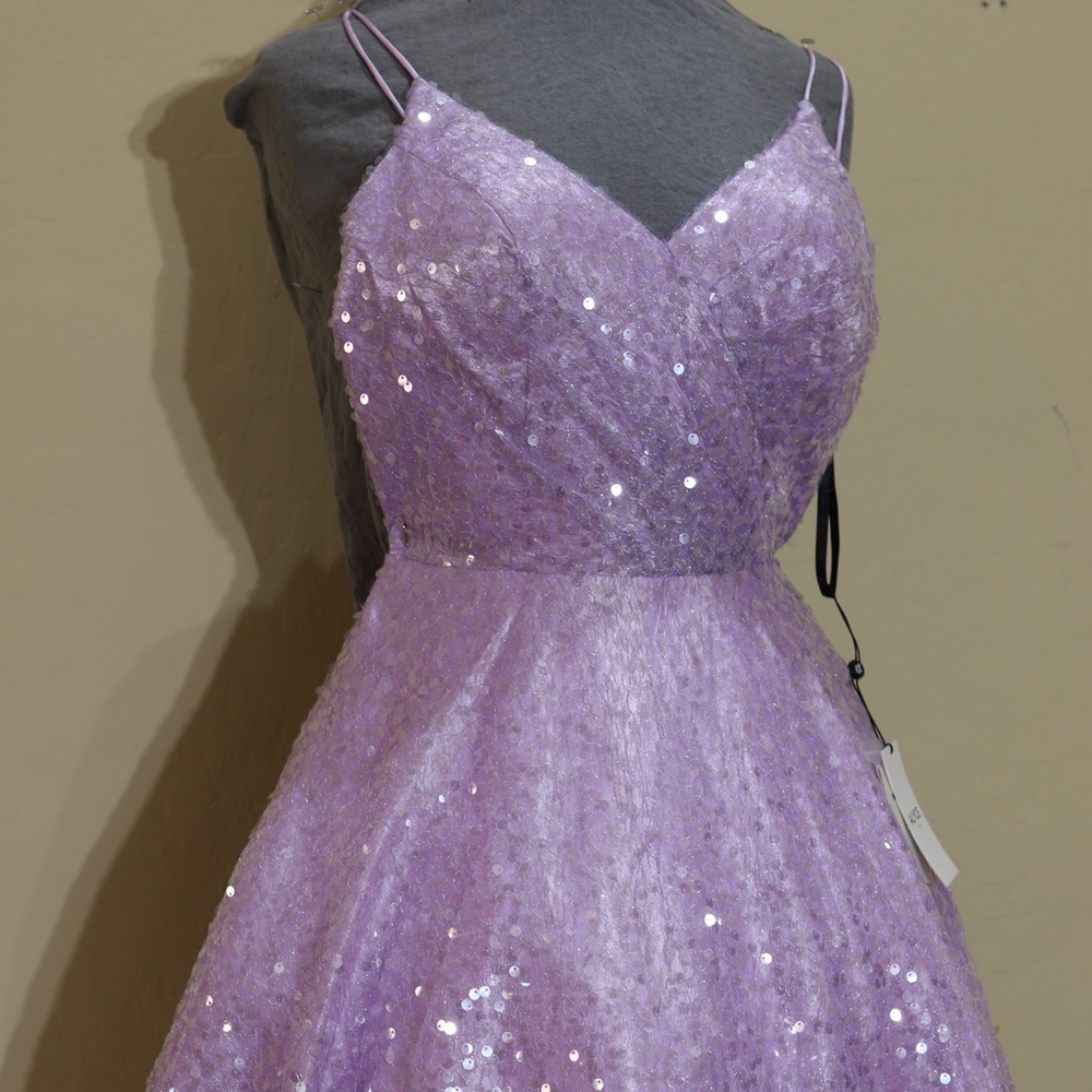 ALYCE a-line lace up back short dress in iced lilac size 4